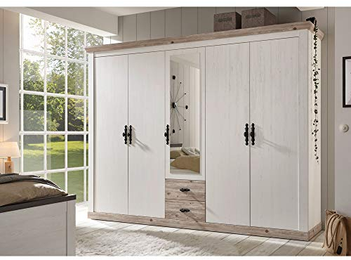 Lomadox Großer Kleiderschrank Landhausstil in Pinie weiß Nb. mit Absetzungen in Pinie dunkel Nb., B/H/T: ca. 265/201/60 cm