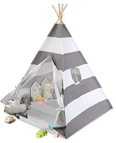 Kinderzimmer Spielzelt Tipi Zelt Outdoor und Indoor für Kinder Spezielles Design für Kinderspielhaus Garten ParkGarten Park, Gartenspielzeug mit Matte 120 * 120 * 145cm (Grau Weiß)