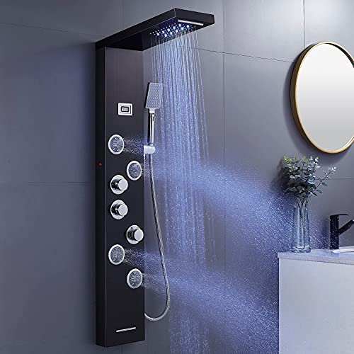 MENATT Système de colonne de douche à LED, colonne de douche 5 en 1 en acier inoxydable, pomme de douche effet pluie et cascade, jets de massage, bec de baignoire, douchette à main (Noir)