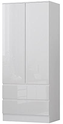 FWStyle Modern Scandinavian 2 Door 2 Drawer Combination Wardrobe White Gloss No Handles Soft Close