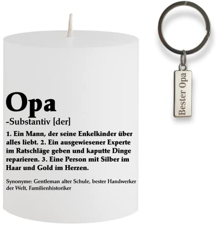 Spell SCHMUCK Kerze mit SPRUCH- OPA Eine Person mit Silber im Haar und Gold im Herzen - Vversteckter Schlüsselanhänger mit Gravur Bester Opa - DUFT Teakwood Tobacco - Besonderes Geschenk für Opa