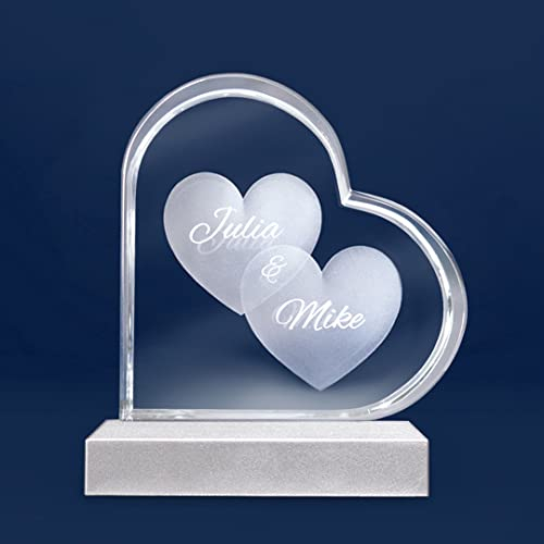 LOOXIS Personalisierte 3D Herz-Gravur mit Namen & Text in Herz-Glas gelasert– Hologramm, versch. Größen + Motive – Geschenkidee Männer, Frauen, Jahrestag, Valentinstag – M inkl. LED Leuchtsockel