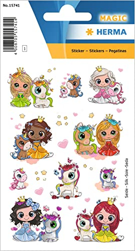 HERMA 15741 Aufkleber Prinzessin Einhorn Glitzer klein, 22 Stück, Mädchen Sticker aus Seide Stoff mit süßen Princess Motiv, Kinder Etiketten für Tagebuch Poesiealbum Scrapbooking Geburtstag Deko DIY