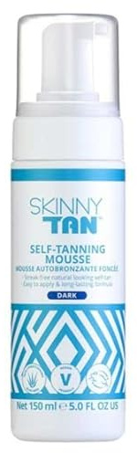 Skinny Tan Dark Mousse 150ml, Instant Fake Tan Mousse, Coconut and Vanilla Aroma, Cruelty Free & Vegan Skincare for Radiant Natural Glow - Easy to Apply