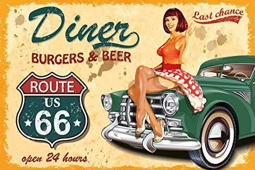 Generisch Tin Sign Retro Blechschild 20x30 cm Vintage Schild Diner Burger & Beer Route 66 Pin up Girl Oldtimer Auto Dekoration Bar Kneipe Sammler