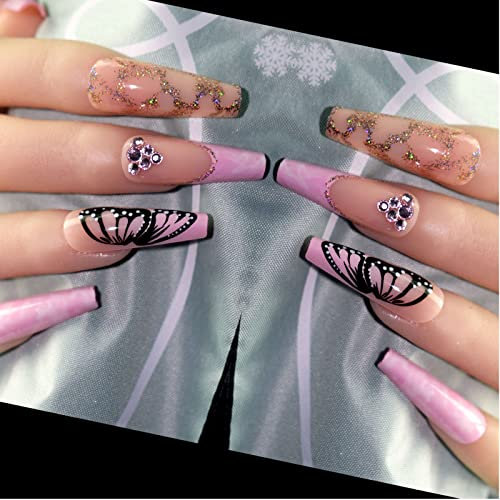 Long Fake Nails Stick on Pink French Coffin False Nail,24 Pcs Ballerina Butterfly Press on Nails with Rhinestones,Fake Nail with Glue Stickers Artificial Glitter False Nails for Women Girls