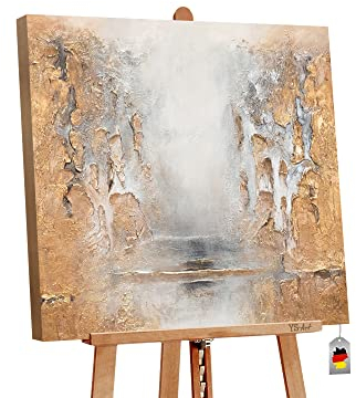 YS-Art Luxus Abstrakt Acryl Gemälde auf Leinwand Klassik handgemalt Wandbilder Wohnzimmer modern Wohndekor Design Gold grau Bild echtes Kunstwerk 100x100 cm