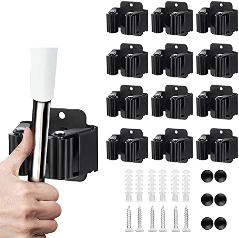 JAMEND CLXP 12PCS Broom and Mop Holder, Heavy Duty Garden Tool Organizer Rack Rake and Shovel Handle, Stainless Steel Mop Hanger. Wall Mounted with Screws.Matte Black