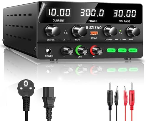 RUZIZAO Fuente de Alimentación Regulable 30V 10A DC Fuentes de Alimentación de Laboratorio Fuente de Alimentacion de Banco Ajustable Pantalla LED de 4 Dígitos (Negro 30V 10A)