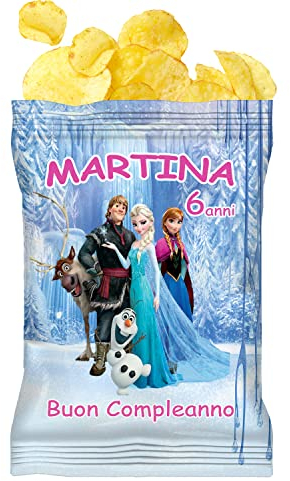 10 Buste Patatine Personalizzate Festa Compleanno Frozen da 25gr. monoporzione Regalini Gadget fine festa a tema bambini