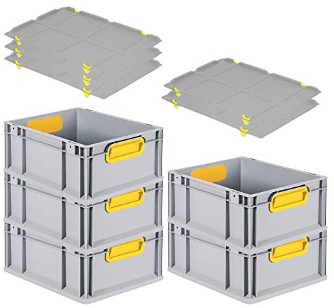 PROREGAL SuperSparSet 5x Eurobox NextGen Color mit Auflagedeckel & Schiebeschnappverschlüsse, HxBxT 17x30x40cm, 16L, Griffe gelb geschlossen, Glatter Boden, Eurobehälter Transportbox Transportbehälter
