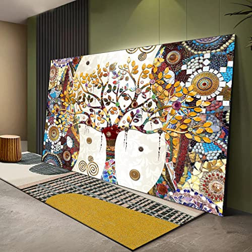 GEMMII Lebensbaum Gustav Klimt Leinwand Bilder XXL, Landschaft Wandkunst für Wohnzimmer Skandinavisches Poster Leinwanddruck Modernes Bild 70x140cm Rahmenlos