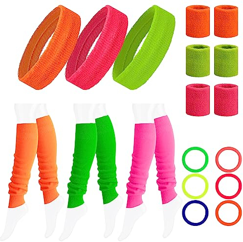 21-Teiliges 80er 90er Jahre Schweißbänder Set, Vintage Neon Stirnband Armband Beinwärmer, DREI Helle Farben Damen Sport Schweißband für 80er 90er Kostüm Party Fasching Karneval Zubehör