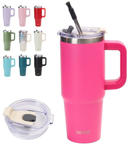 SUNTQ 850ml/30oz Tumbler mit Griff, Doppelwandige Vakuum Isolierte Wasserflasche mit Stroh und Deckel, Edelstahl Reise Kaffeebecher, Thermische Tasse für Getränke, Fit in Becherhalter(Rubinrot)