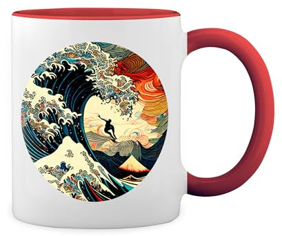 Surfer on The Great Wave off Kanagawa New Trend Fun Lustig Weiße Tasse Mug mit roten Felgen und Griff