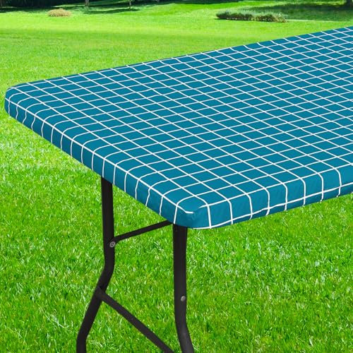 Spotjoy Rechteckige Tischdecke, elastische Flanell-Rückseite, Kunststoff-Tischdecken für 120 cm Klapptische, wasserdichte Vinyl-Tischdecken für Picknick, Camping, drinnen und draußen (Blaugrün, 61 x