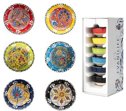 Elyese Juego de 6 cuencos pequeños de cerámica para salsa de soja de 75 ml, hechos a mano, coloridos, aptos para lavavajillas y microondas, CB002