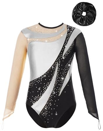 Jowowha Mädchen Turnanzug Glitzer Gymnastikanzug mit Haarband Langarm Ballettanzug Trikot Leotard Turnen Gymnastikbody Wettkampf Tanzkostüm B Silber&Schwarz 170-176