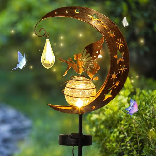 Sunshinesmile Mond Solarleuchten Garten,Freien Solarlampe,LED Glaskugel Gartenleuchte,Gartendeko für Hof Rasen,Elfe Blumenfee Solarleuchte,Solarleuchte mit Erdspieß,Metall Mond Solar Gartenleuchte