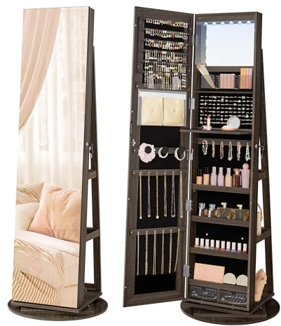 SONGMICS Espejo Joyero con 6 LEDs, Armario de Joyas de Giro de 360°, Organizador de Joyas Giratorio, sin Marco, Espejo Completo con Almacenaje, Superficie Ceniza y Forro Negro JJC007K02