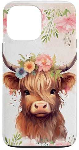 Spring Baby Highland Cow Pastel Watercolor Floral Case Case for iPhone 13 Pro Max