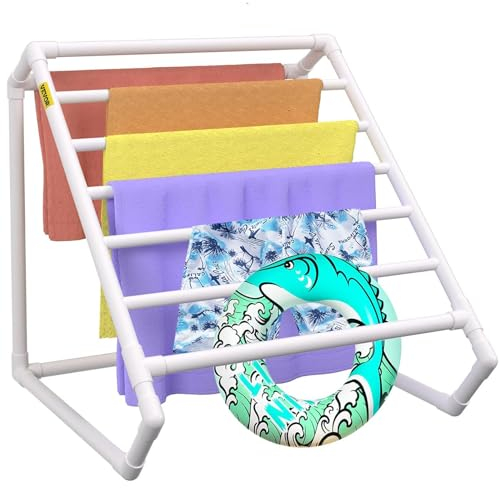 VEVOR Porta asciugamani piscina, 8 barre, bianco, organizer da esterno triangolare in PVC a bordo piscina, include 8 clip per asciugamani, borsa in rete, gancio