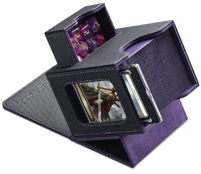 Mage Tech Caja de Mazos Commander para MTG - Diseño Patentado, Exhibición de Commander, Apta para 100 Cartas con Doble Funda, Soporte Magnético de Cartas de 35pt & Bandeja para Dados - negro y morado