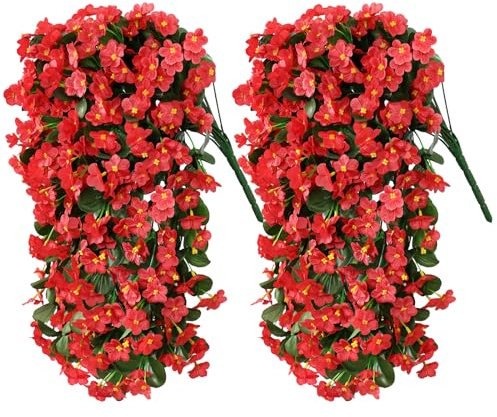 Dremisland 2 Set Künstliche Hängende Blumen mit Korb Gefälschte Hängepflanzen UV-beständig Faux Pflanzen DIY Kette Hängenden Korb Künstliche Blumen für Outdoor-Garten Patio (Rot)