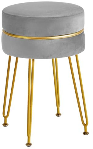 IBUYKE Moderne Velours Rond Pouf Ottoman, Salle d'eau Maquillage Chaise, Pieds d'or Tabouret, Chambre Moderne accet Tabouret, Salon, entrée, Gris L/G-40G