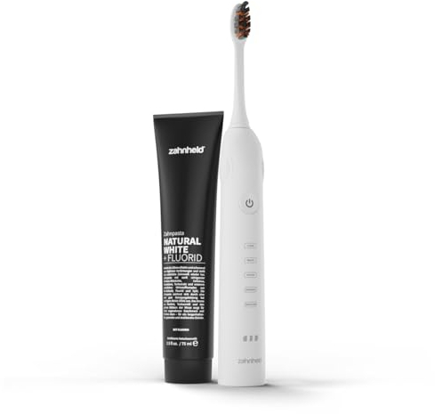Zahnheld® Elektrische Schallzahnbürste GERO mit Reiseetui und Bürstenkopf | Natural White Whitening Zahnpasta | Für eine täglich effektive Zahnreinigung | Lange Akkulaufzeit | 5 Putzmodi
