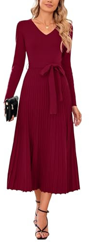 Arach&Cloz Jumper Dress for Women UK Long Sleeve Midi Knitted Pleated Dresses Fall Winter V Neck Elegant Sweater Dress Wine Red