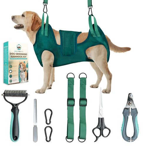 HealthPet Pro Dog Grooming Hammock for Large Dogs - XXL, Green - Complete Grooming Kit with Dog Nail Clippers, Dematting Comb, Nail File, Scissor - Dog and Cat Hammock for Grooming - Quality Dog Sling
