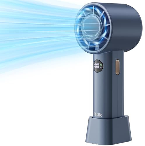 Fetik Portable Handheld Fan, 1-100 Speeds Powerful Personal Fan with LED Display, Rechargeable 3600mAh Battery Turbo Mini Cooling Fan with Base for Travel/Camping/Indoor/Outdoor/Women Men Gifts, Blue