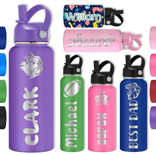 Botella de agua personalizada con grabado con nombre de icono para niños, adolescentes, niños y niñas, regalo de vuelta a la escuela, viajes, gimnasio, deportes, botellas de aislamiento con mango de