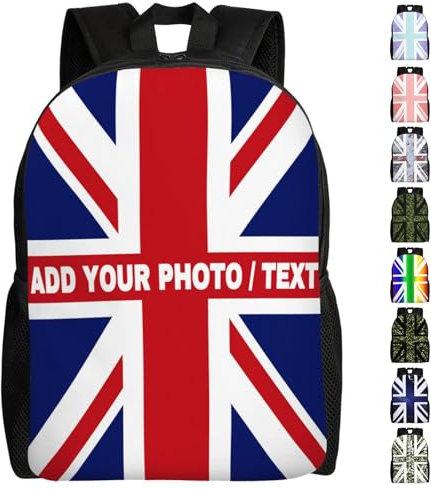 Custom Backpack Union Jack UK Flag Pattern Add Your Photo Logo Text Name Personalised Rucksack Britain Flag Style Casual Daypack Customised College Laptop Bag School Book Bag for Girls Boys Kids Adult