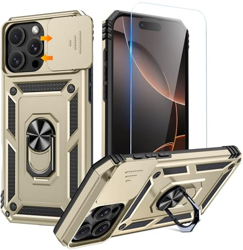 Goton Schutzhülle für iPhone 16 Pro Max mit Displayschutzfolie, Kamera-Abdeckung, Schutzhülle mit Ringständer, strapazierfähig, stoßfest, robust, für iPhone 16 Promax Zubehör, Gold