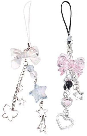 MYGLOAR Lot de 2 breloques Y2K mignonnes pour téléphone portable - Motif fraise-Papillon - Étoile - Accessoire pour la plupart des coques de téléphone portable - Porte-clés - Décoration caméra