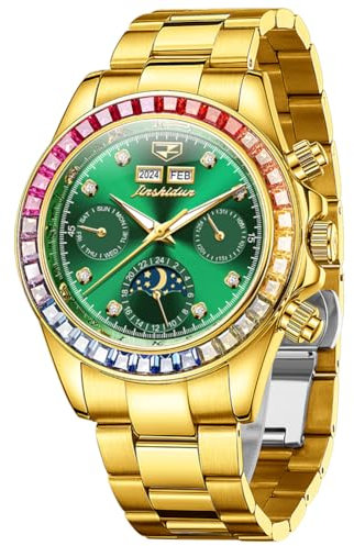 OLEVS Armbanduhr für Herren, automatische Armbanduhr, Kristall, Diamant, Leuchtzeiger mit 3 ATM wasserdicht, luxuriös, strukturiertes Armband, Datumsanzeige, Regenbogen-Gold-Grün