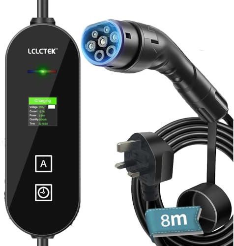LCLCTEK® 3KW EV Charger Cable Type 2 to 3 Pin Plug,Portable UK 3 Pin EV Charger,Electric Car Charger [6/8/10/13A],EV Car Charger with LED Display,IP65 Waterproof,Type 2 Cable EVs and PHEV (26ft)