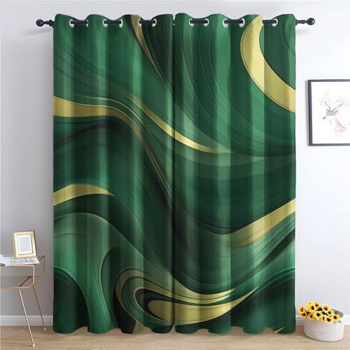 zcwl Grüngoldene Welle Vorhänge, Modern Verdunklungsvorhänge mit Ösen, Vorhang Blickdicht für Wohnzimmer Schlafzimmer Dekoration, Gardinen mit Muster, 2er Set, 175 x 140 cm (HöhexBreite)