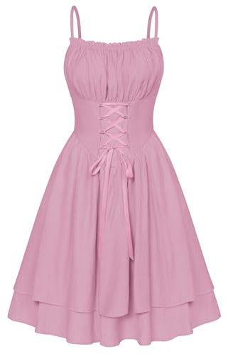 SCARLET DARKNESS Robe d'été victorienne à bretelles spaghetti pour femme - Robe à lacets et volants - Longueur genou, rose/violet, XXL