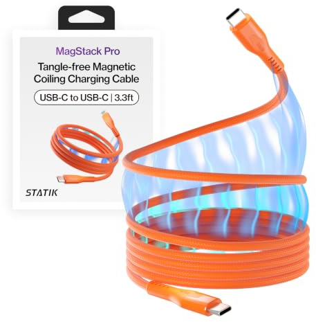 Statik MagStack Pro USB C to USB C Coiling Magnetic Charging Cable,100W | Nylon Braided Tangle-Free Design, Magnetic Coiling, Data Transfer, Compatible with iPhone & Android, 3FT Orange