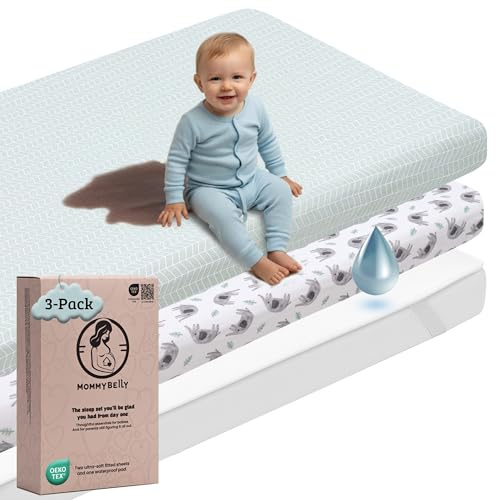 Mommybelly Spannbettlaken Beistellbett Set 50x80 / 50x83. 2 Spannbettlaken aus Baumwoll-Jersey + 1 Matratzenschoner Wasserdicht für Beistellbett. OekoTex Zertifikat. Elefanten-Design 80x50 / 83x50