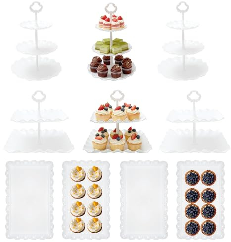 10 Piece Cake Stand Set,Dessert Table Display Set with 3x2-Tier Square Cupcake Stands, 3x3-Tier Round Afternoon Tea Stands, 4 Pcs Dessert Trays for Birthday Baby Bridal Shower Party
