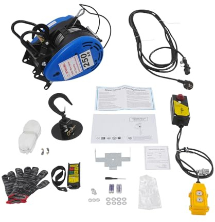 Elektrische Seilwinde 1500W 250kg Seilzug Seilhebezug Kettenzug Motorwinde mit Kabelloser Fernbedienung 100m, 30m Stahlseil Hubhöhe 29m Kupfermotor, IP40 Tragbar Hebezeuge Kabelsteuerung