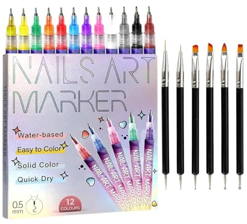12 Colours Nail Art Pens with 6 Pcs Double-Ended Nail Art Brushes | Nail Art Pens, Nail Art Set for Painting, 3D Nail Art, Dotting, Lines, DIY Gel Nails Art Drawing Tool, Quick-drying Nail Pens