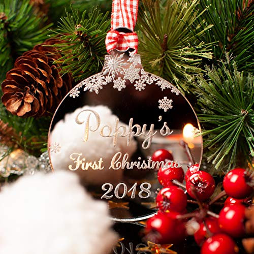 Rustic Charm Baby's First Christmas, Personalised Xmas Tree Decoration. Mirror Acrylic Bauble. 1st With Engraved Name. Snowflakes Decor.