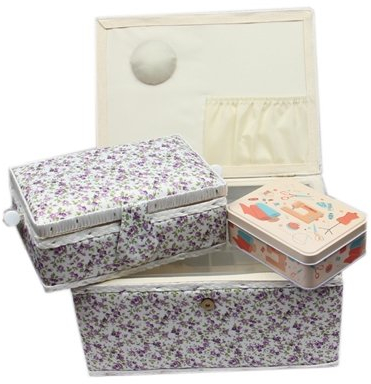 Ackermann Nähkorb-Set mit Tragegriff (1x groß und 1x mittel) + 1x kleine Accessoires-Box aus Metall (mit Zubehör), Marke Nähkorb Nähschatulle Nähkästchen Nähkasten (Blumenmuster (lila))