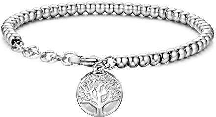 JewelryWe Schmuck Damen Armband Edelstahl Lebensbaum Baum des Lebens Perlen Armbänder Armschmuck für Valentinstag Hochzeitstag Weihnachten, Silber