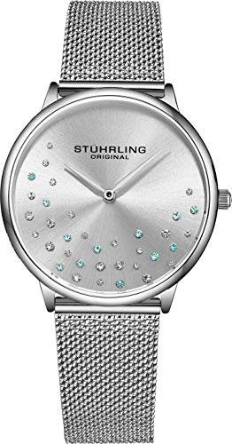 Stuhrling Original Damenuhr Krystal Analog Watch Dial, Edelstahlgewebe Armband 3928 Uhren für Damen Kollektion (Silver)
